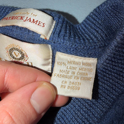 Patrick James Viyella V Neck Pullover Sweater 100% Merino Wool XL Shrunk Blue