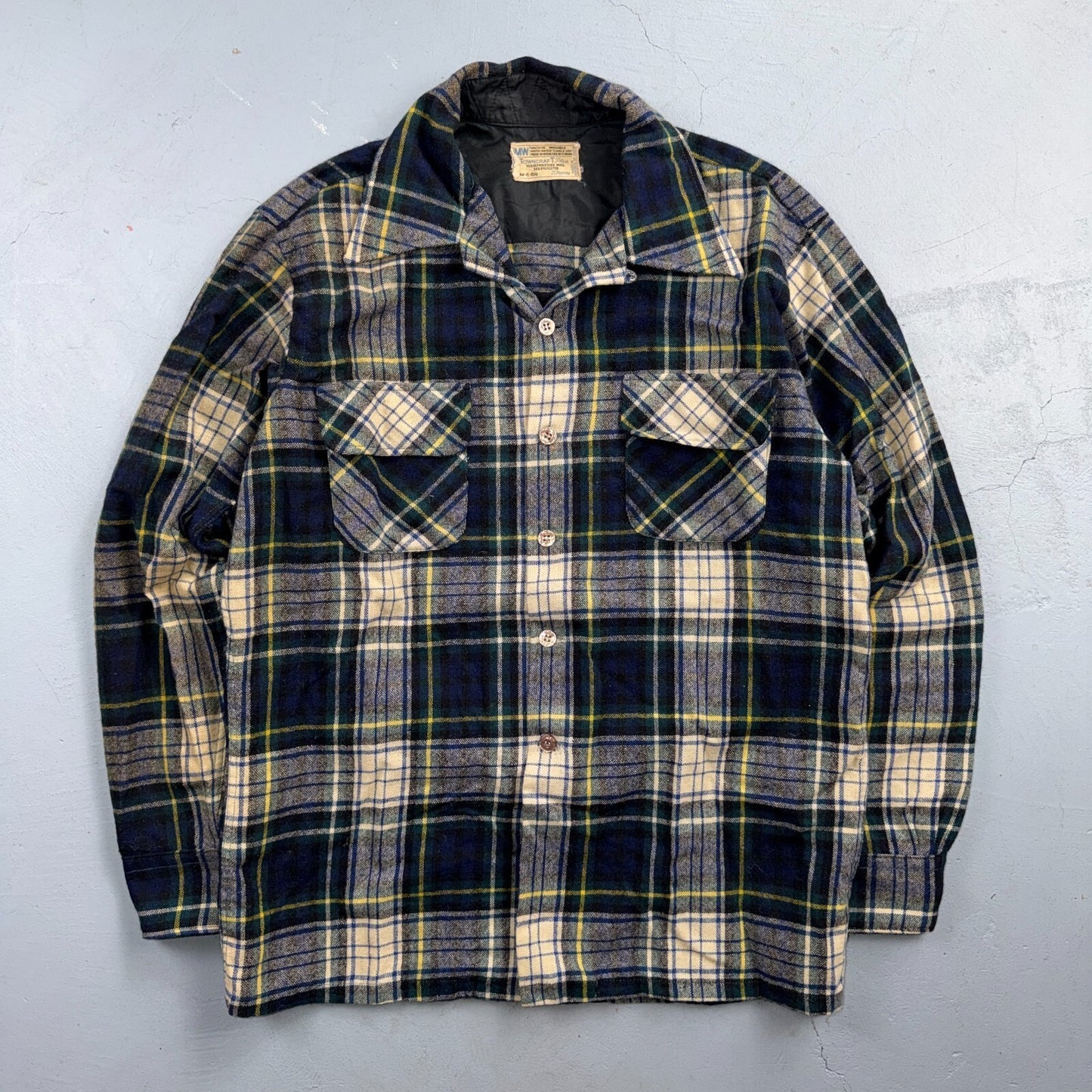 VTG 70s Penneys Towncraft Loop Collar Wool Plaid Shirt Camp Board Rockabilly