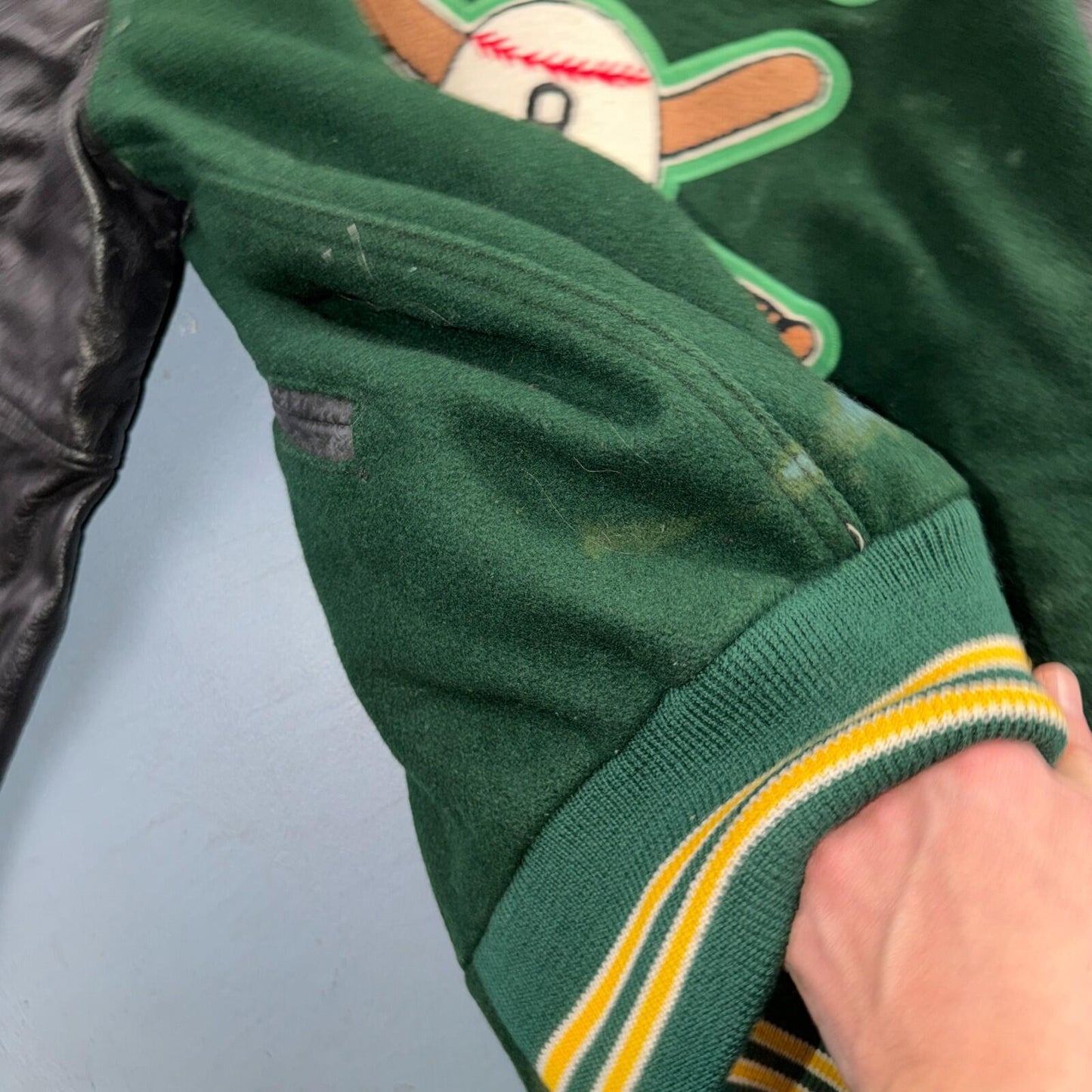 Varsity Jacket 44 VTG Green Bomber Wool Leather Evergreen Plainsmen Chainstitch