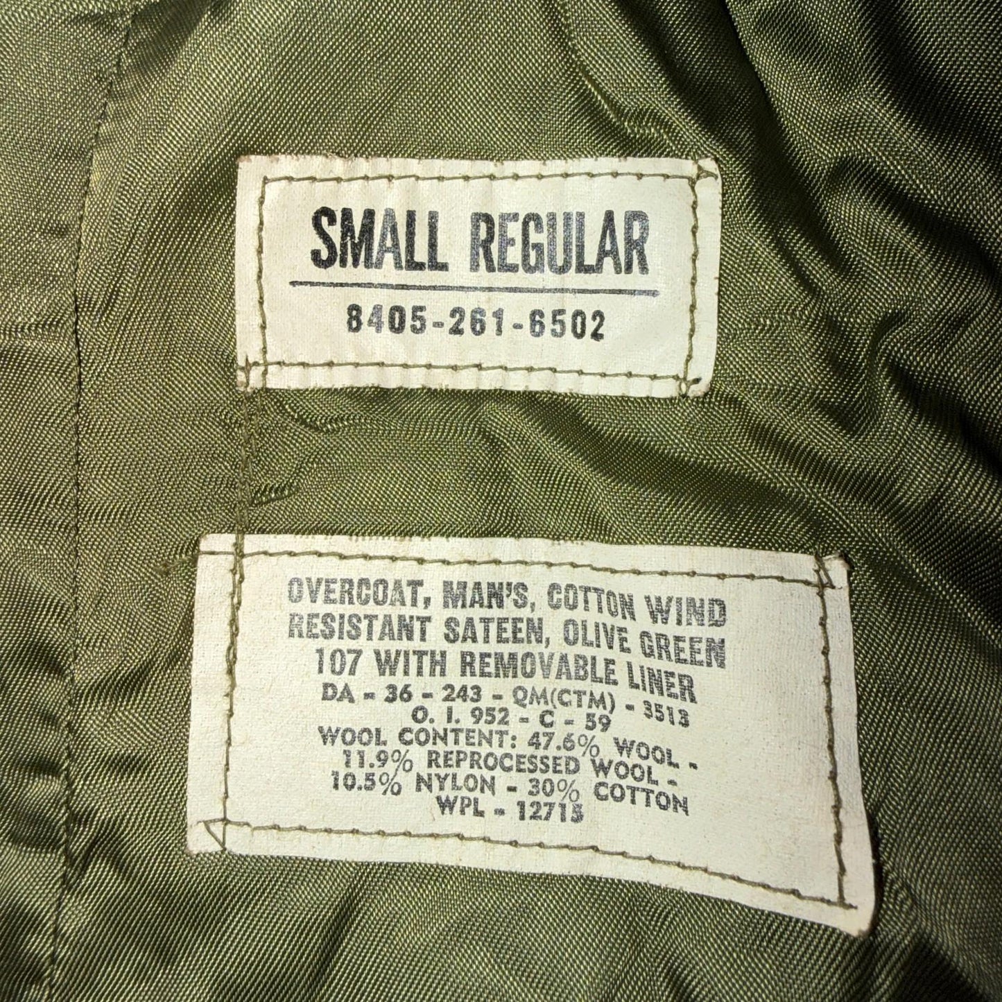 1950s Korean War US Military Wool Lined Overcoat Belted Trench Coat Small VTG