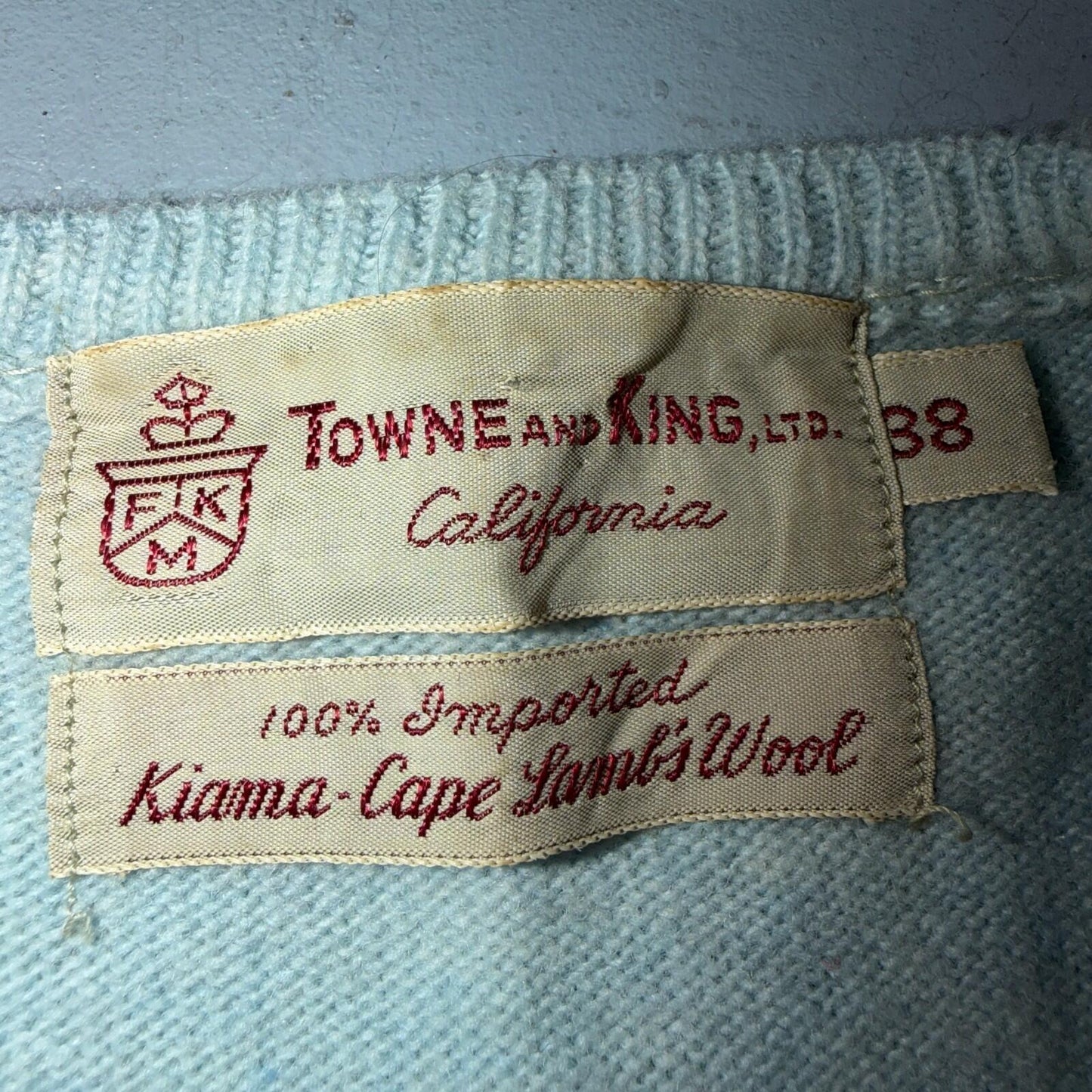 VTG 1940s 1950s Wool Lamb Pullover Sweater Rockabilly Mens V Neck Blue Towne Kin