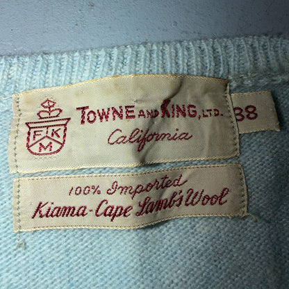 VTG 1940s 1950s Wool Lamb Pullover Sweater Rockabilly Mens V Neck Blue Towne Kin