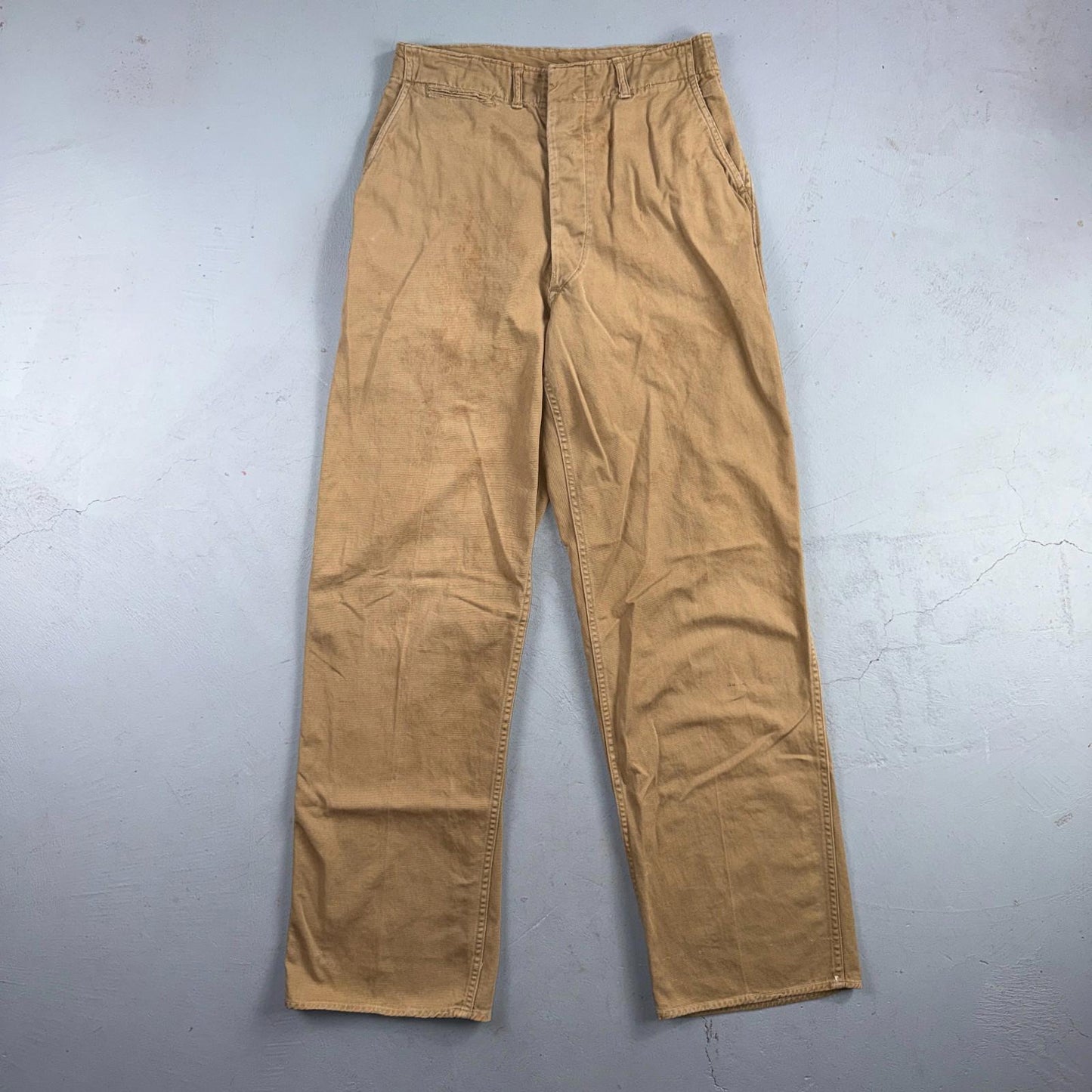 VTG 40s WWII Button Fly Cotton Military Trousers Chino Khaki Distressed 28x31
