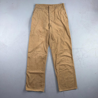 VTG 40s WWII Button Fly Cotton Military Trousers Chino Khaki Distressed 28x31