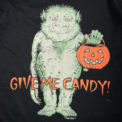 Give Me Candy Ogre Goblin Halloween VTG T Shirt Glow In Dark FOTL 90s Black
