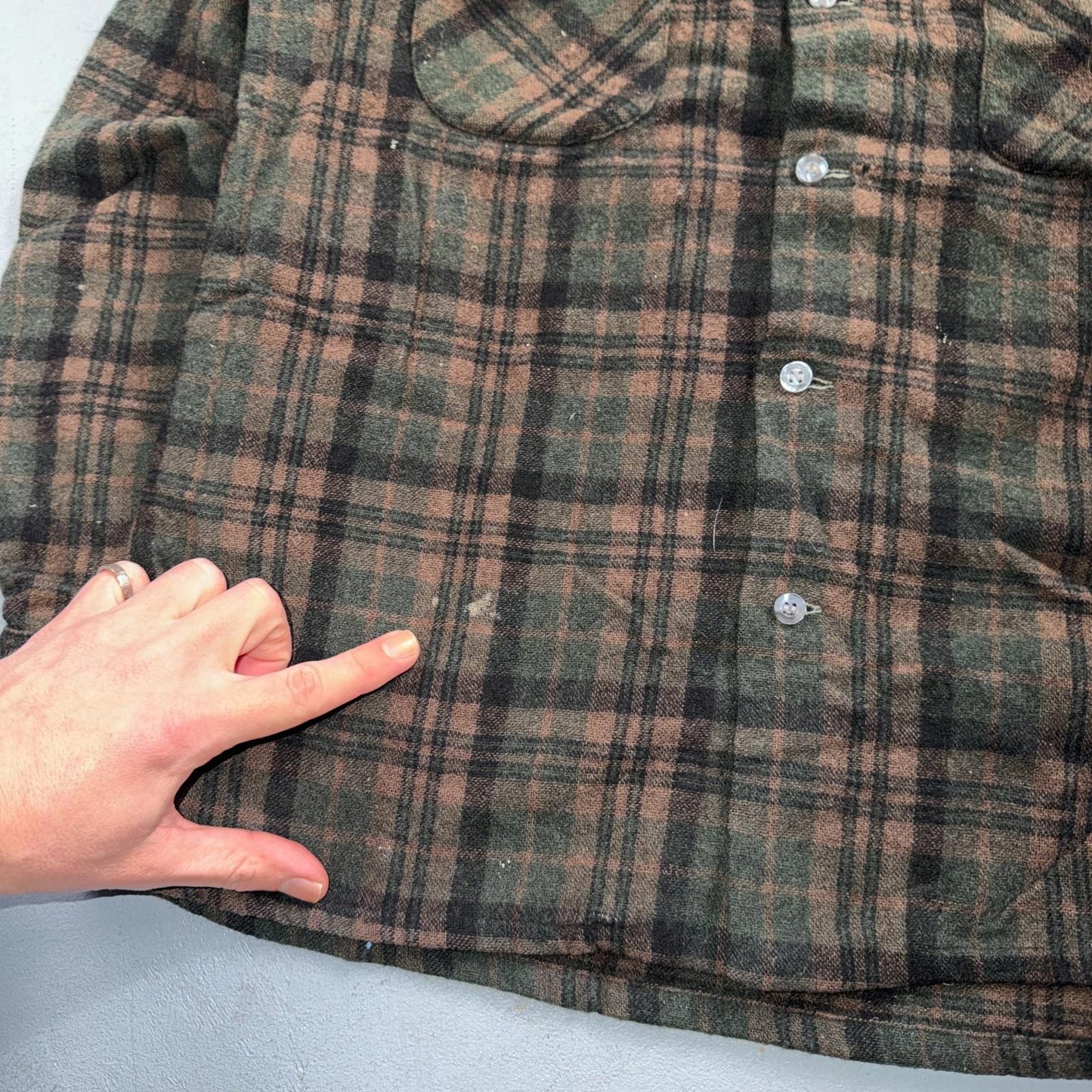 VTG 60s Penneys Shirt Brown Plaid Wool Button Loop Collar Rockabilly 1960s