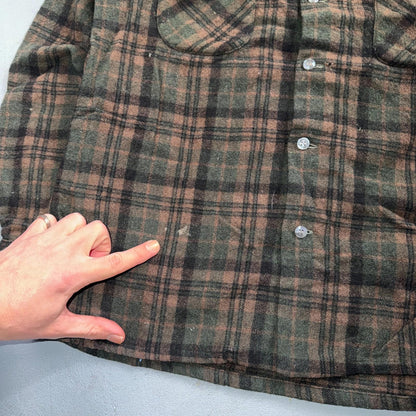 VTG 60s Penneys Shirt Brown Plaid Wool Button Loop Collar Rockabilly 1960s
