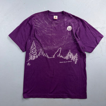 VTG 90s Grass Valley Group Wolf Moon Nature Art T Shirt Purple Fruit Of The Loom