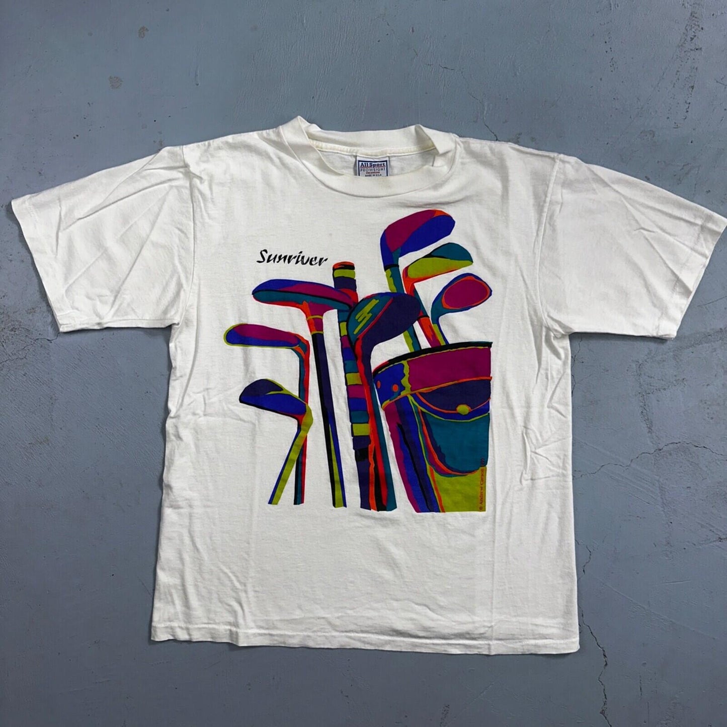 Sunriver Golf Clubs 90s USA VTG T Shirt Colorful Art Picture Graphic Mens Game