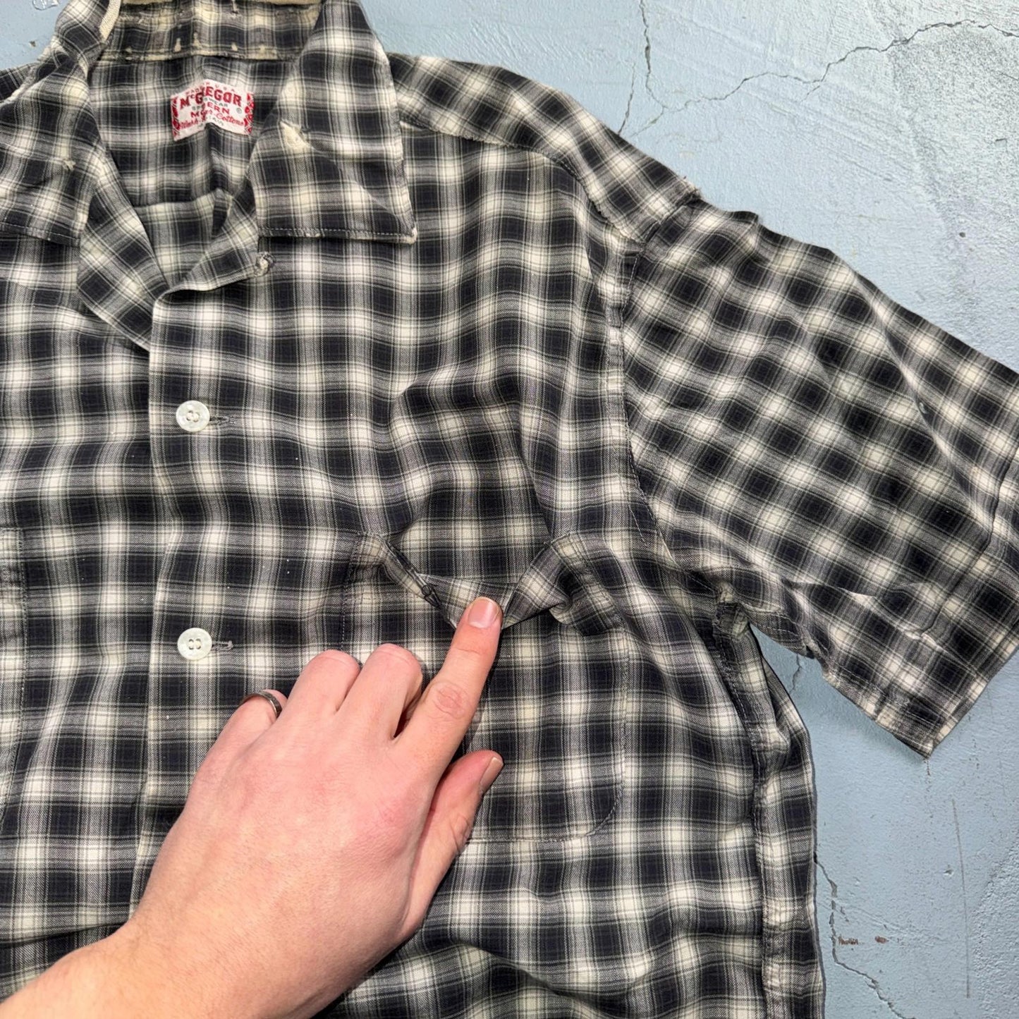 Vintage 60s McGregor Checker Loop Collar Button Up Shirt Made In USA Rockabilly