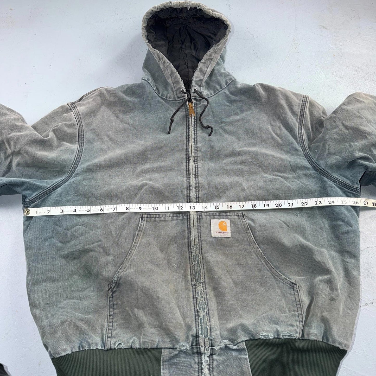 Vintage Carhartt Olive Green Hooded Jacket Bomber Coat Thrashed Faded 90s Y2K