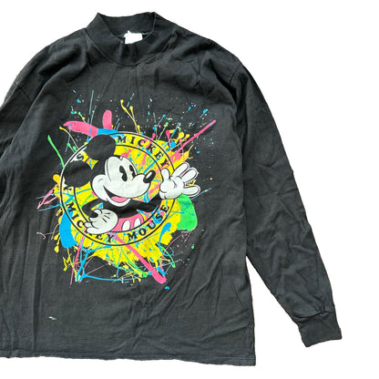 Mickey Mouse Disney Splatter Long Sleeve Black Vintage T Shirt 90s USA Cool