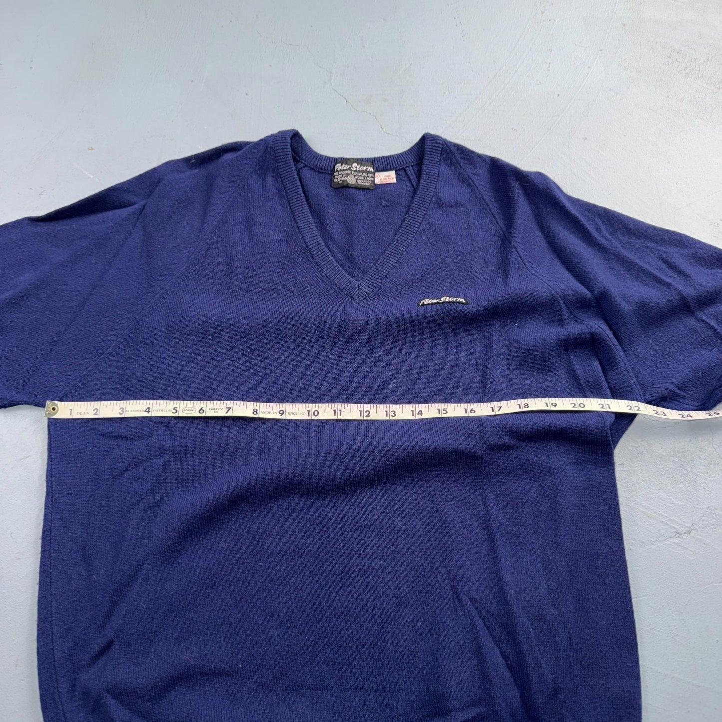 Vintage 70s Peter Storm Sweater Mens XL Navy Blue V Neck Pure Wool Knit