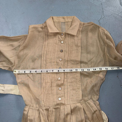 Vintage 1970s Shirtwaist Dress Beige Pleated Skirt Long Sleeve Belted Cute 70s