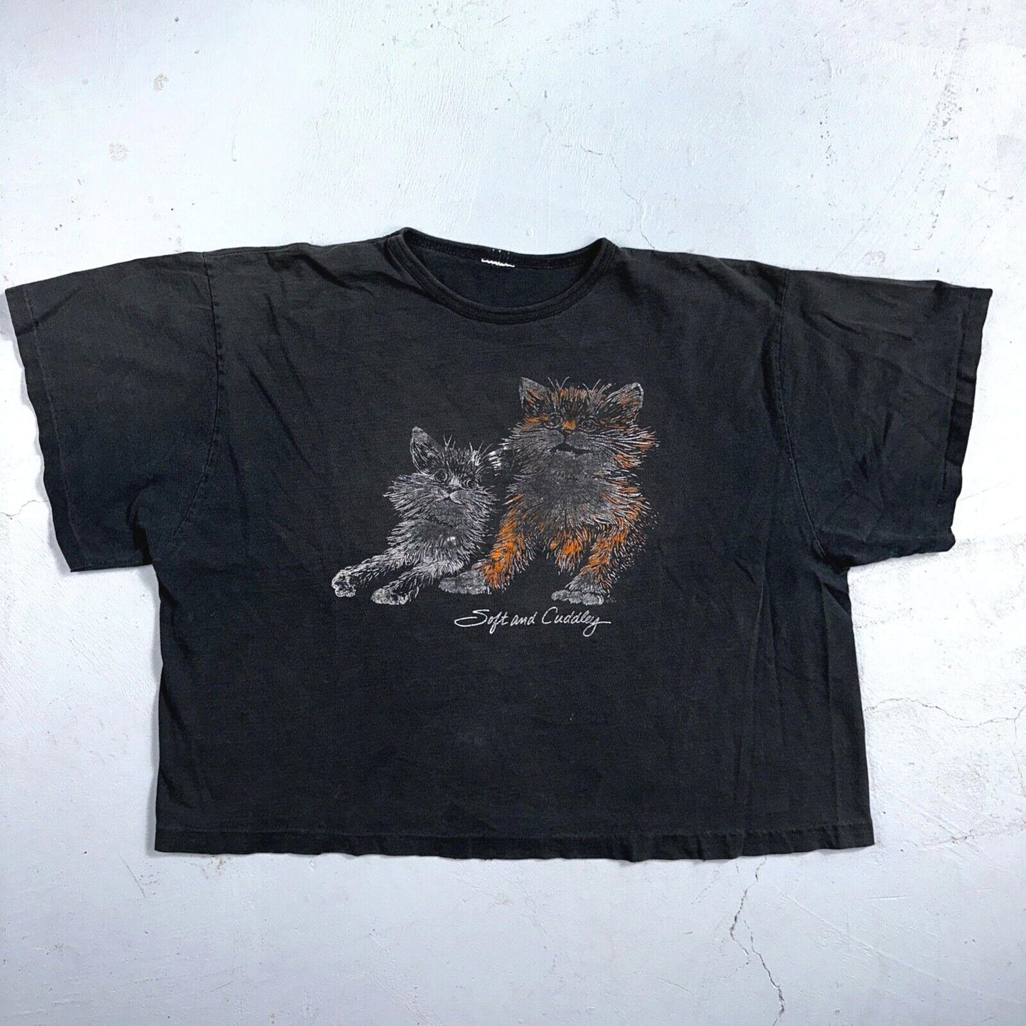 Cats Soft and Cuddly 1970s Boxy VTG T Shirt 70s Perfect Black Fade Boxy Animals