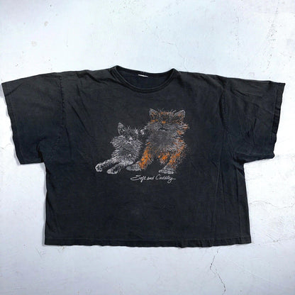 Cats Soft and Cuddly 1970s Boxy VTG T Shirt 70s Perfect Black Fade Boxy Animals