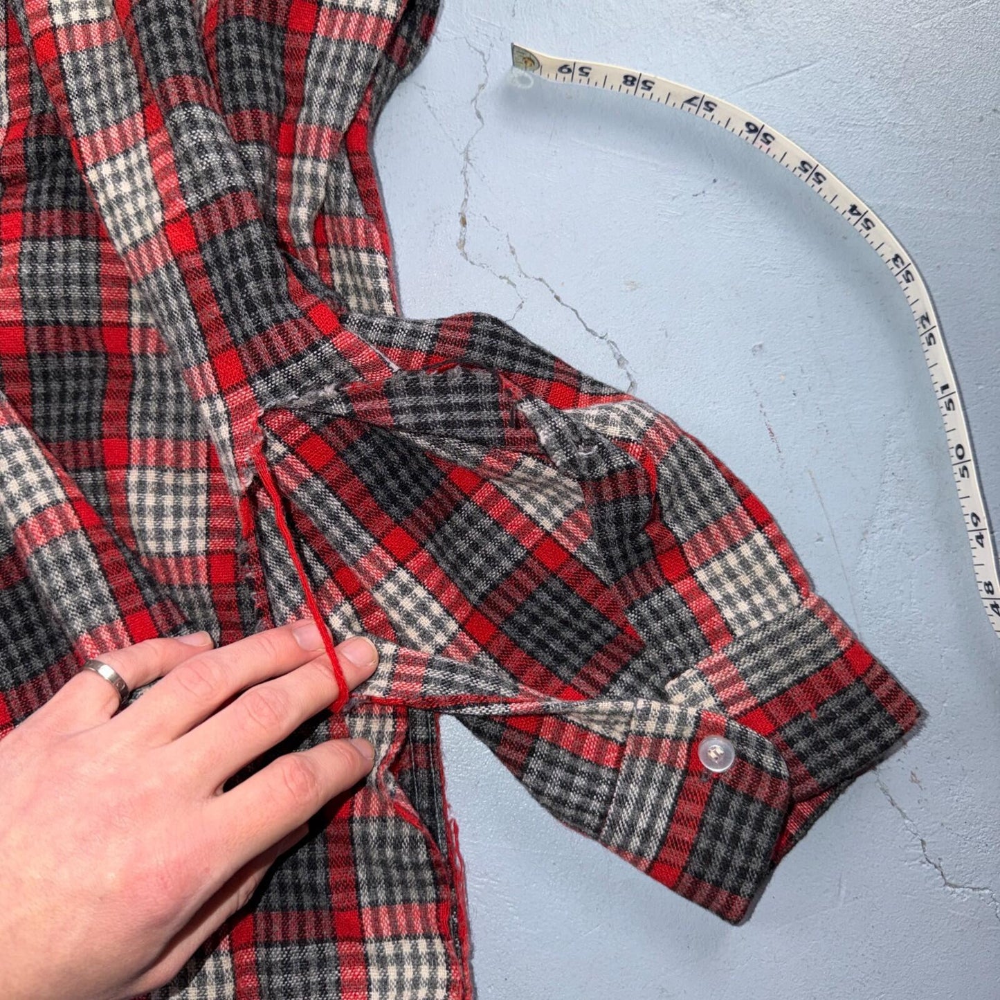 VTG XL 50s Penneys Shirt Red Plaid Wool Button Loop Collar Rockabilly 1950s Gray