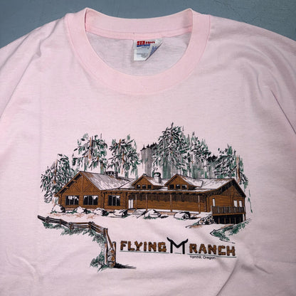 VTG 90s Flying M Ranch Yamhill Oregon T Shirt Pink Western Lodge Cabin Western