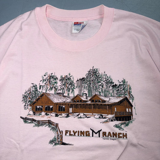 VTG 90s Flying M Ranch Yamhill Oregon T Shirt Pink Western Lodge Cabin Western
