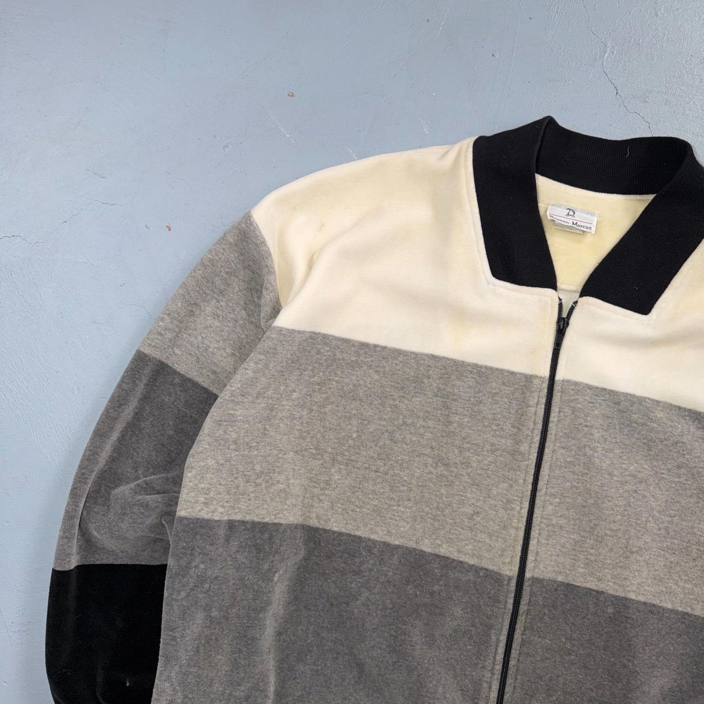 VTG Neiman Marcus Velour Track Jacket L Gray Zip USA 80s Loungewear Colorblock