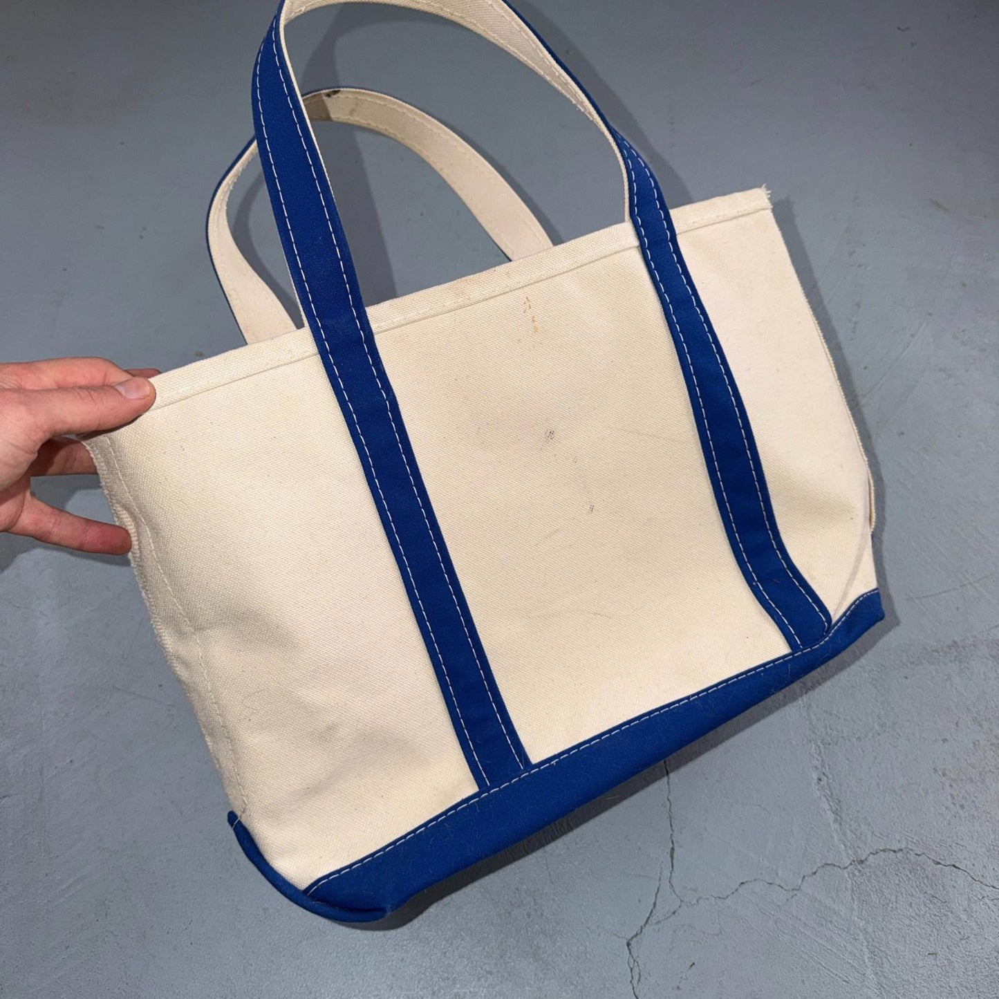 VTG LL Bean Boat & Tote Small Canvas Bag Navy Blue Freeport Maine 17x11x6