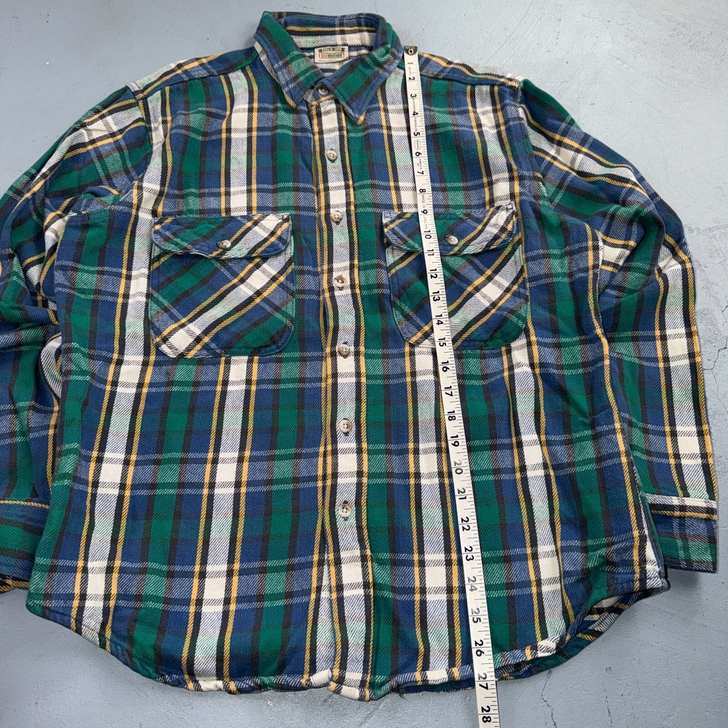 VTG 90s Five Brother Green Blue Plaid Heavy Flannel Work Shirt Grunge Men's L