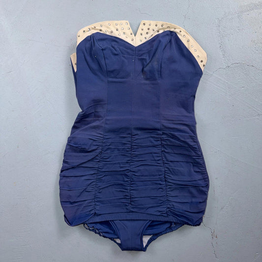 Alix Of Miami Rhinestone 1950s VTG Bathing Suit Swimsuit Hollywood Swim Wear Blu
