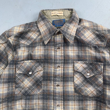 Pendleton VTG 100% Virgin Wool Western Plaid Shirt Pearl Snap Gray High Grade