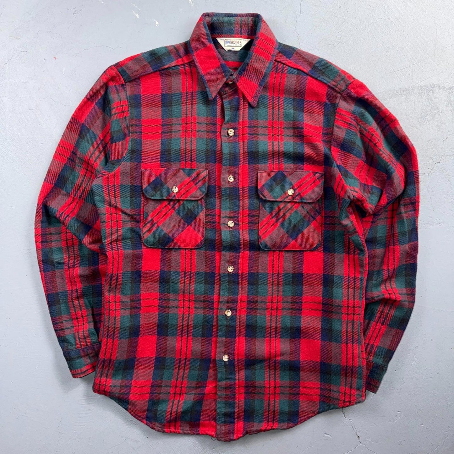 VTG Five Brother Shirt Mens M Shadow Plaid Flannel USA Red 1980s 80s Green Red