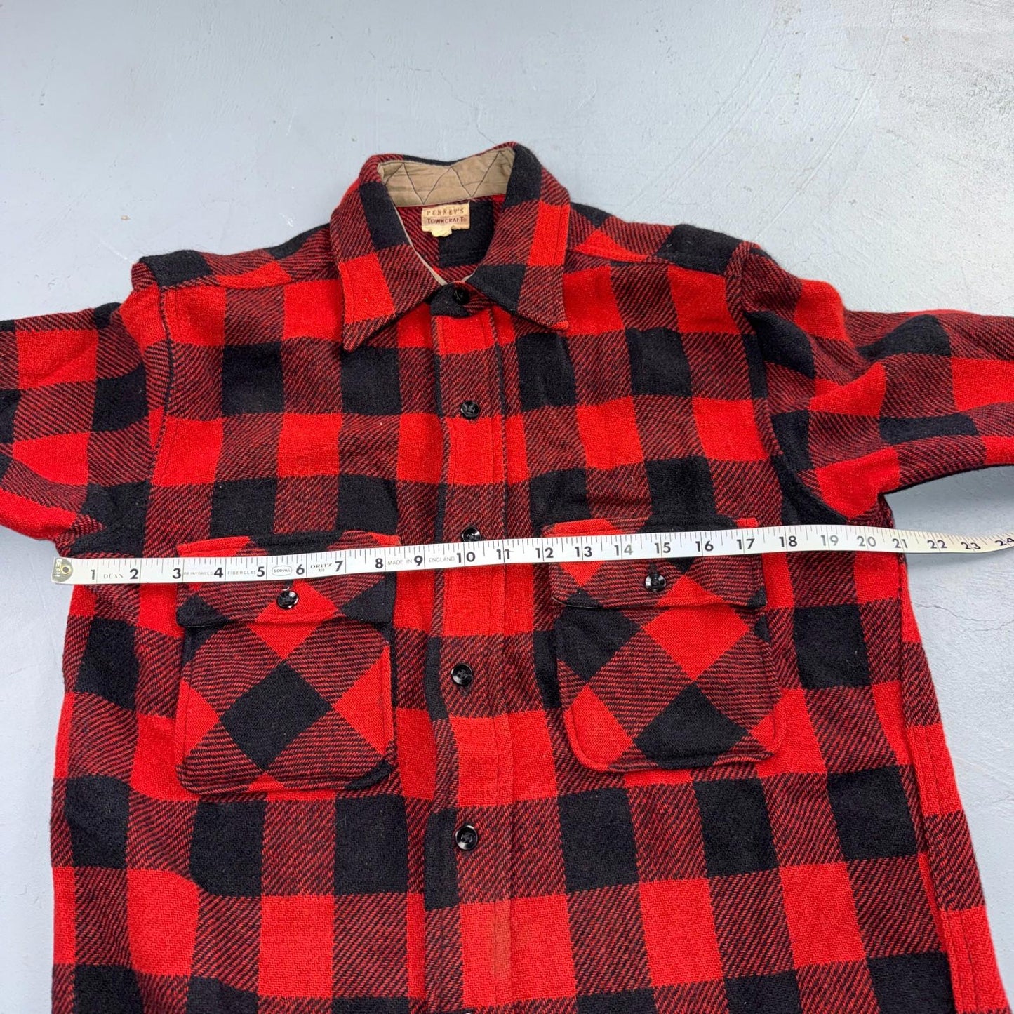 VTG 1940s Penneys Jacket Red Black Wool Buffalo Plaid 40s 50s Flannel Shirt Wool