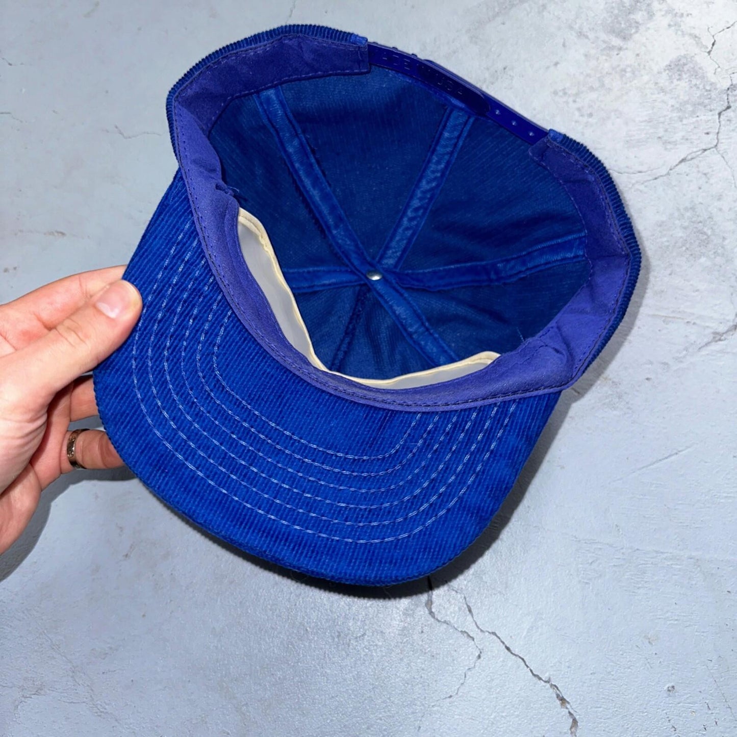 Steel Fab Blue Corduroy VTG Hat Cap Snapback Alaska USA Trucker Ocean Cool