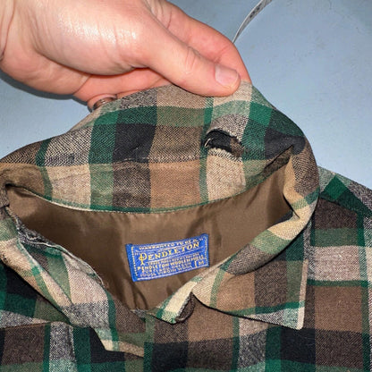 Pendleton 1950s Loop Collar Board Shirt Wool Plaid Flannel Shirt Brown Green VTG
