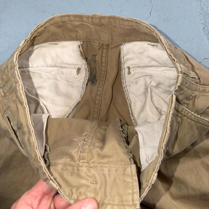 VTG 40s WWII Button Fly Cotton Military Trousers Chino Khaki Distressed 28x31