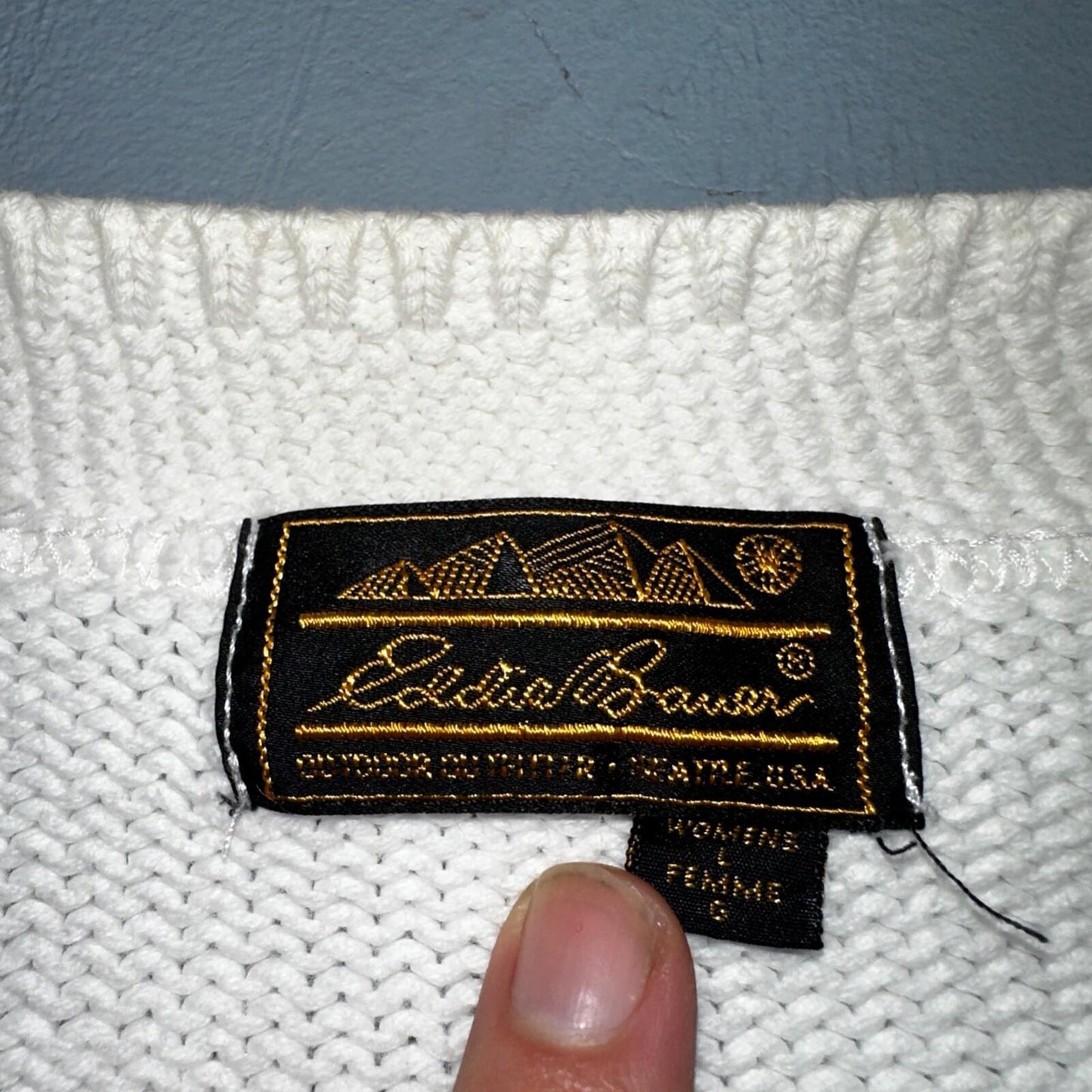 Vintage Eddie Bauer Sweater Cardigan Womens L Fair Isle Cotton White Basic