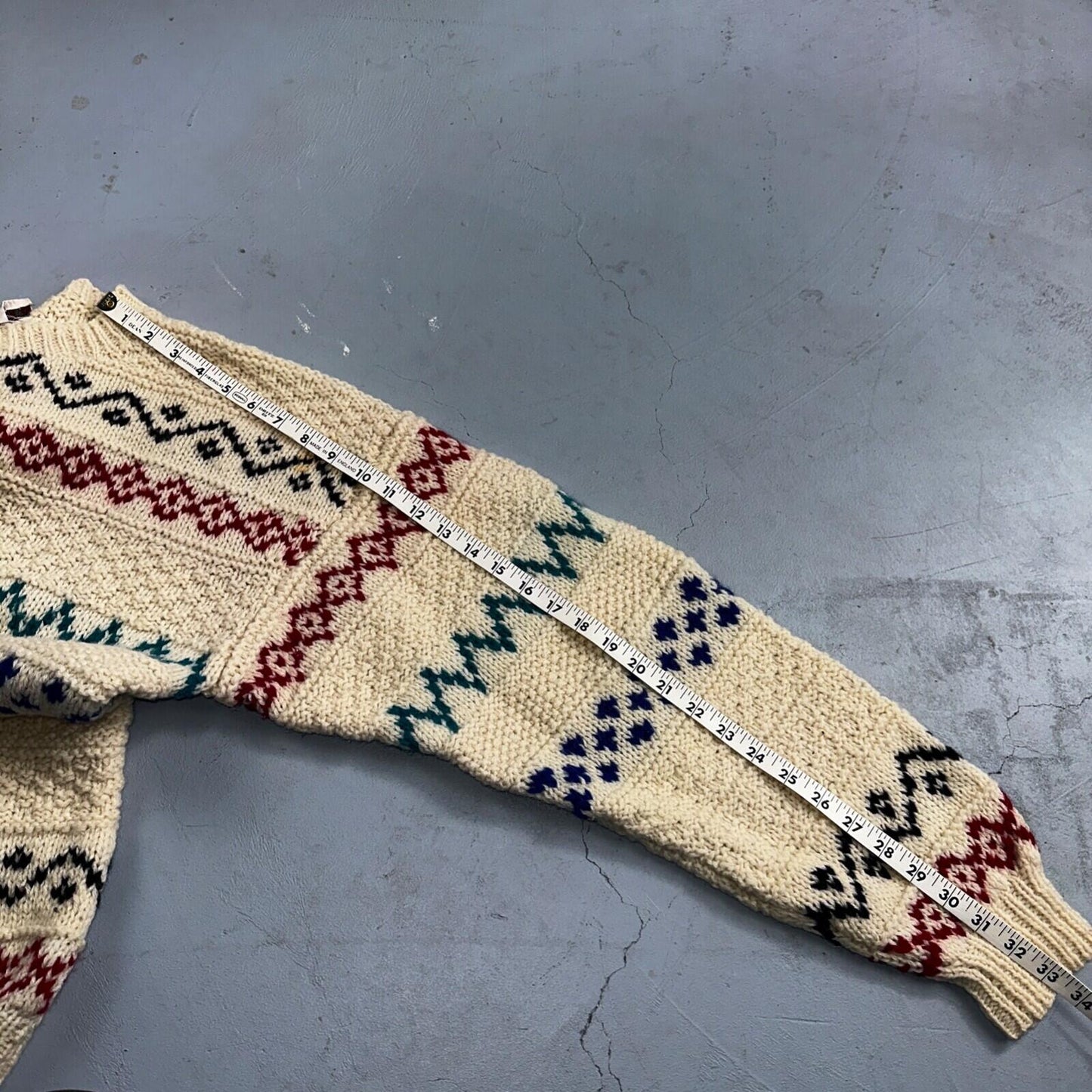 John Ashford VTG 80s Sweater Mens L Cream Multi Wool Fair Isle Hand Knit Crew