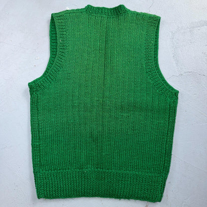 VTG Green Vest Knitted Sleeveless Sweater Pullover Handmade Knit 70s 1970s