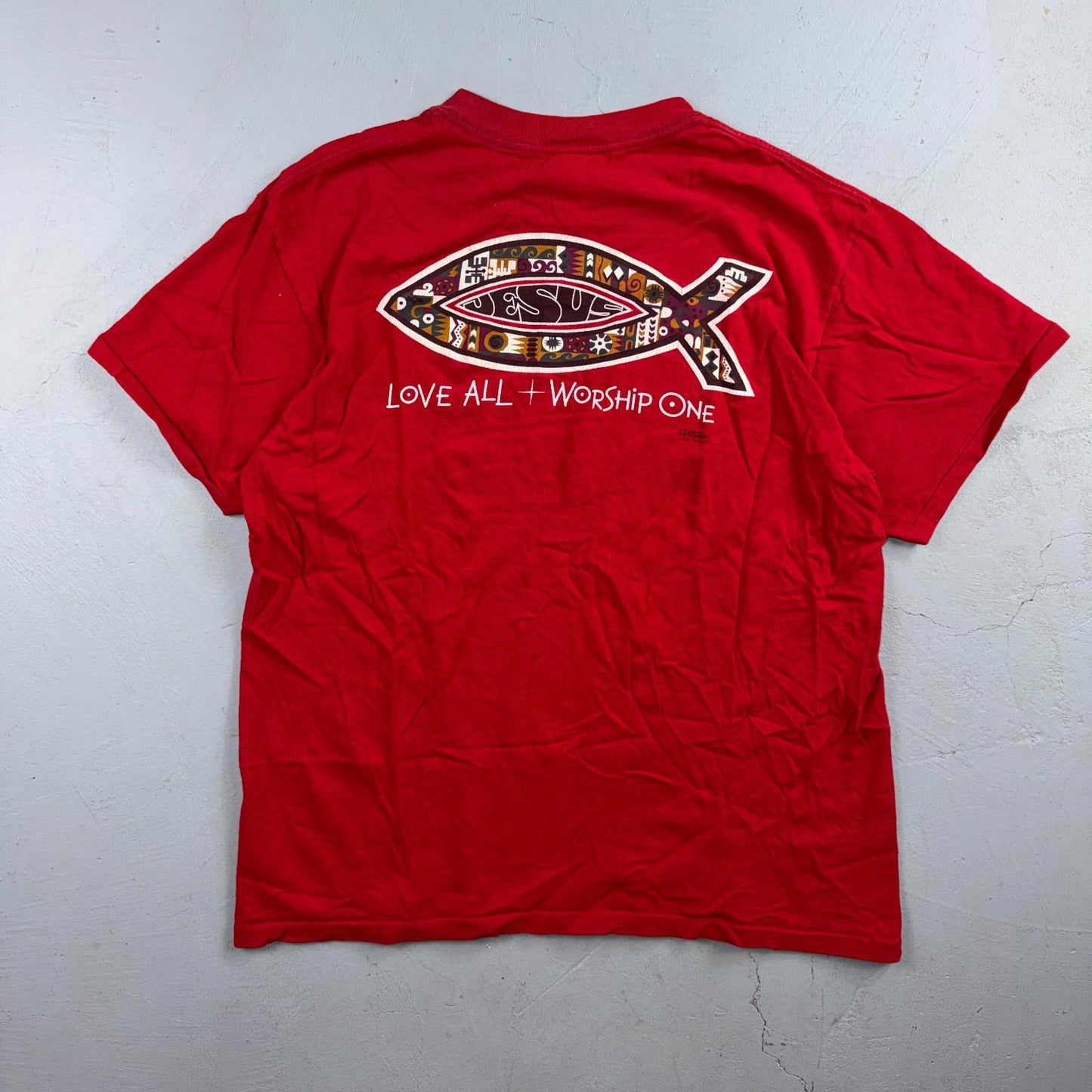 Vintage Jesus Shirt Mens L Red Love All Worship One Religious Christian 90s USA