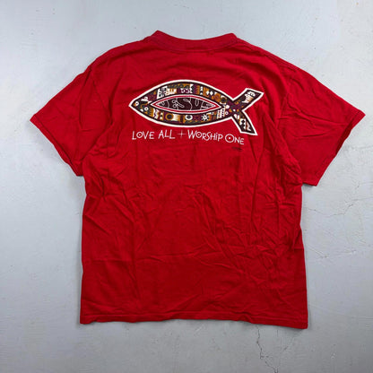 Vintage Jesus Shirt Mens L Red Love All Worship One Religious Christian 90s USA