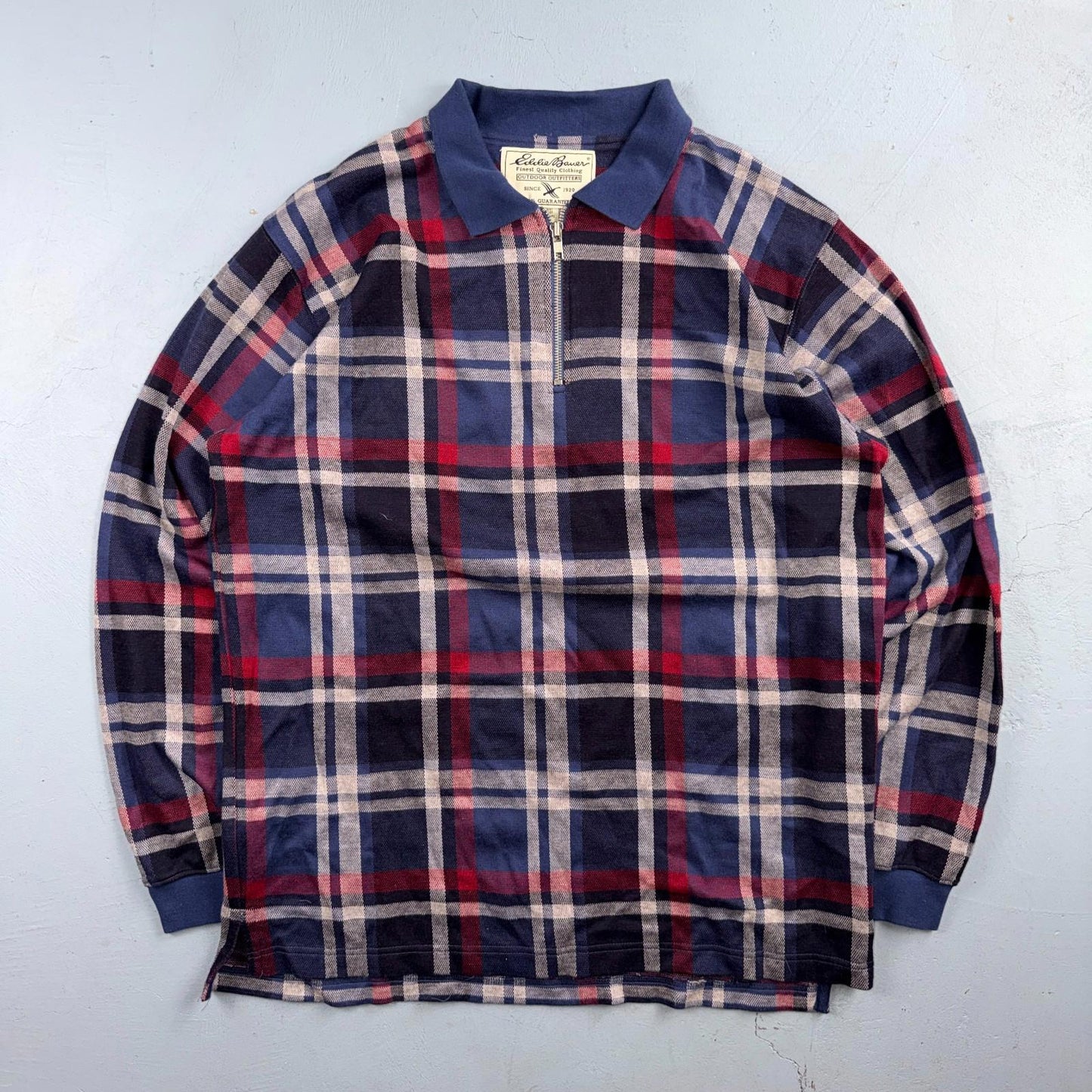 Vintage Eddie Bauer Plaid Quarter Zip Cotton Sweater Men’s M Red Blue Y2K