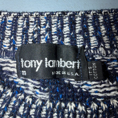 VTG RARE 90s Tony Lambert Textured Knit Sweater Blue White Abstract Made USA M