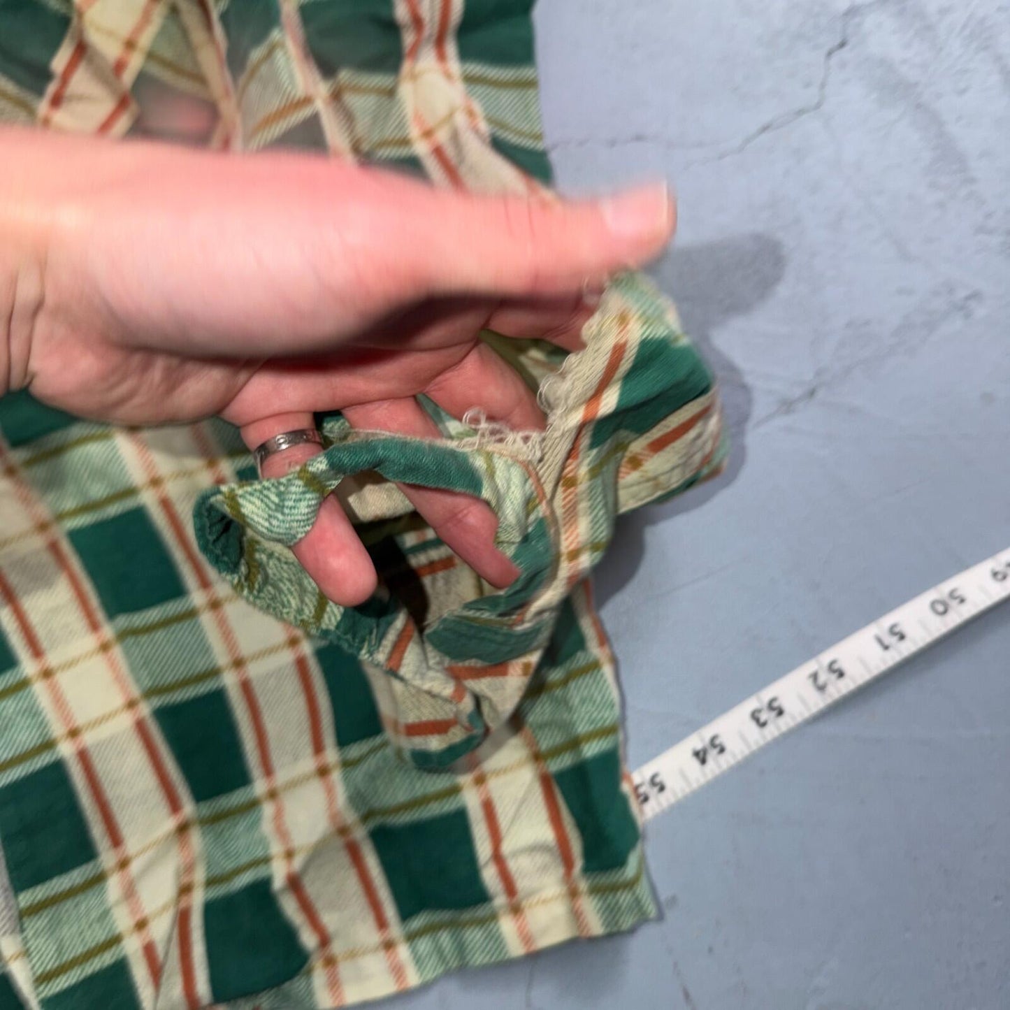 VTG 60s Penneys Towncraft Button Green Cotton Shirt Plaid Rockabilly Distressed
