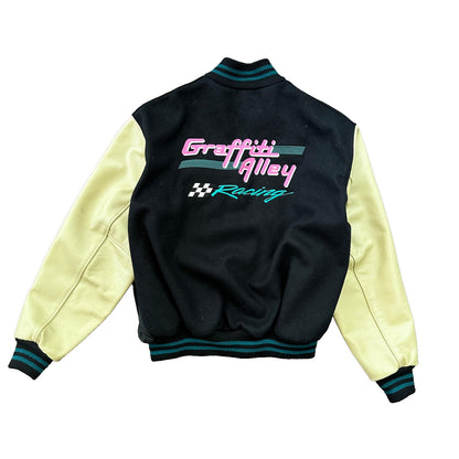 VTG Graffiti Alley Varsity Leather Letterman 70s Jacket 48 Portland Cars Racing