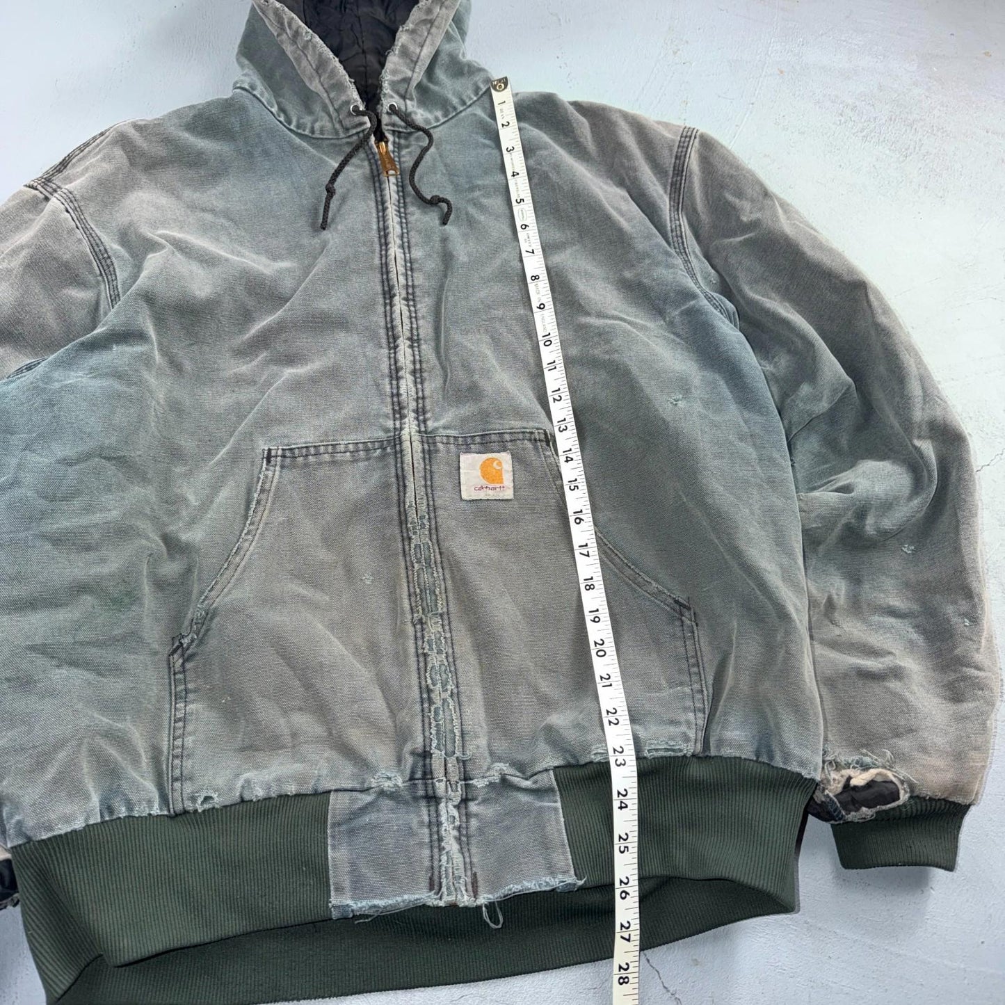 Vintage Carhartt Olive Green Hooded Jacket Bomber Coat Thrashed Faded 90s Y2K
