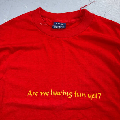VTG 80s Are We Having Fun Yet? Funny Sarcastic Single Stitch T Shirt Red XL USA