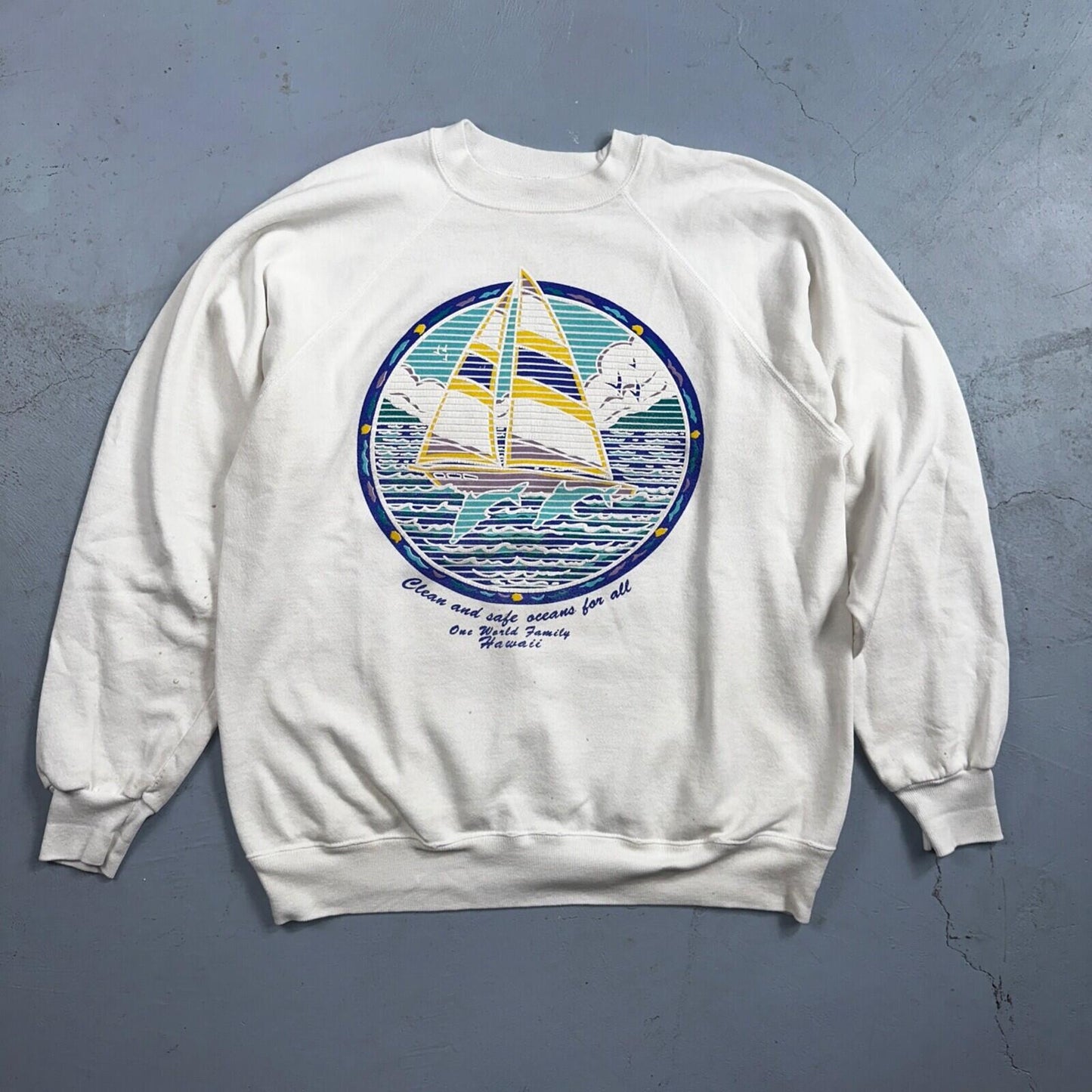 Ocean Keep Clean Hawaii Sail Boat VTG 80s Crewneck Sweatshirt White Earth Peace