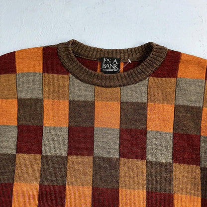 Jos A Bank VTG Mens L Pure Merino Wool Sweater Italy Checkboard 80s Patchwork