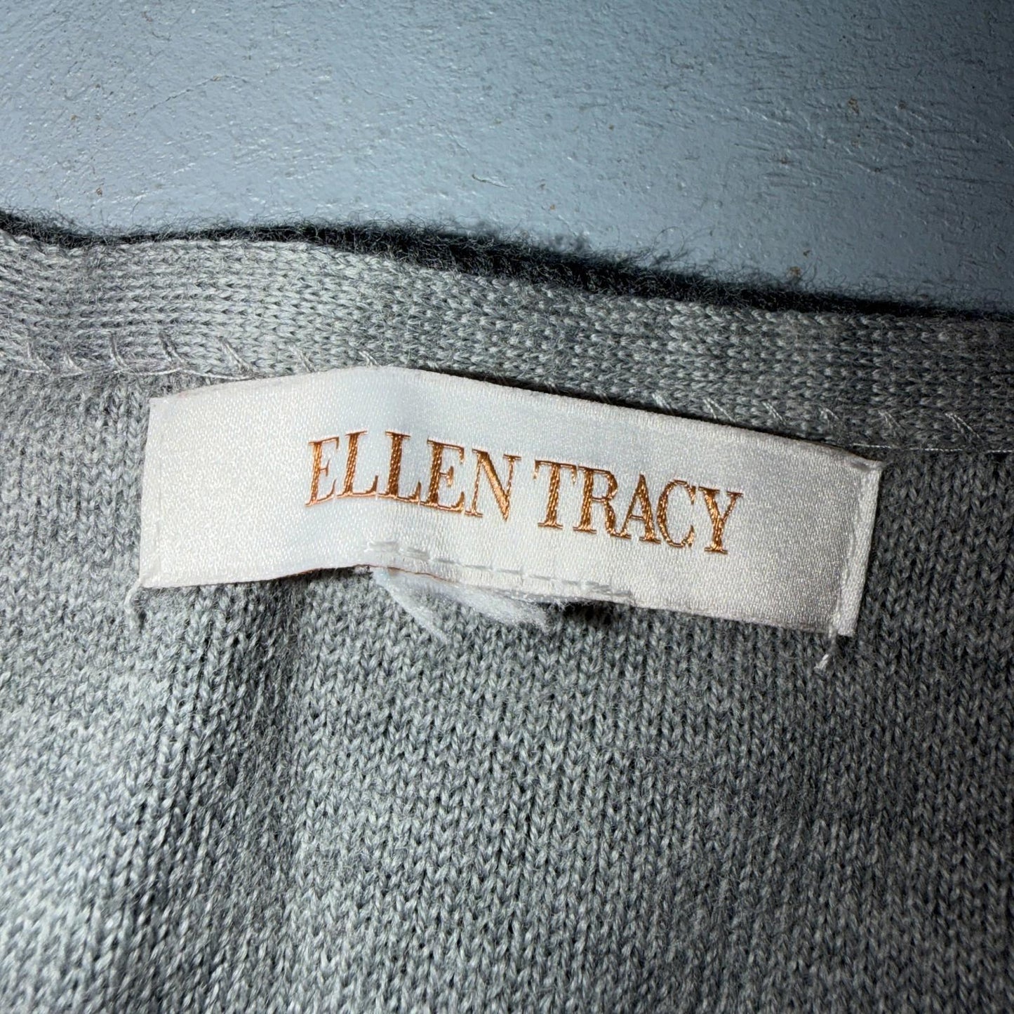 ELLEN TRACY Sweater M Wool Cardigan Duster Coat Buckle Latch Double Knit Gray