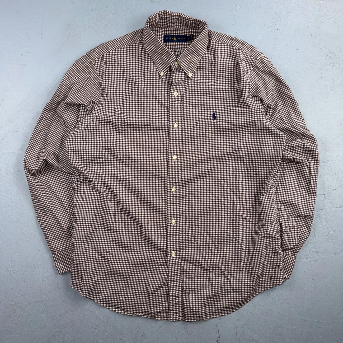 Ralph Lauren Mens Shirt L Brown White Check Classic Buttondown Long Sleeve