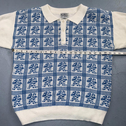 Vintage Koret City Blues Floral Acrylic Knit Sweater Top L 80s 90s Polo Vest
