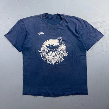 VTG 70s Lean Downstream Hike Fishing River Mountain Graphic T Shirt Outdoor PDX